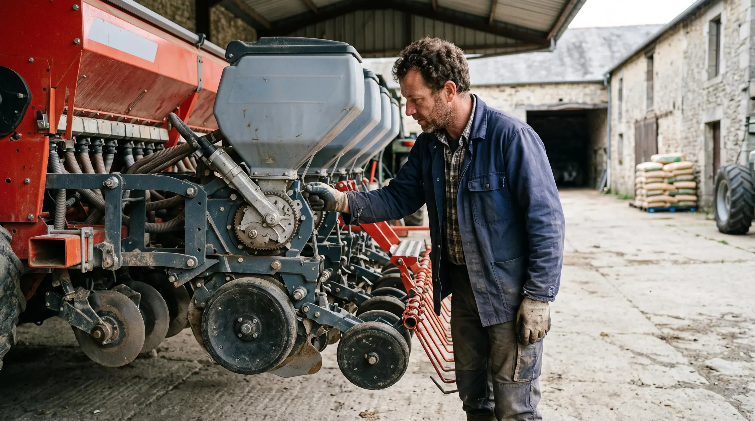 Agriculteur inspectant un semoir dans une cour de ferme