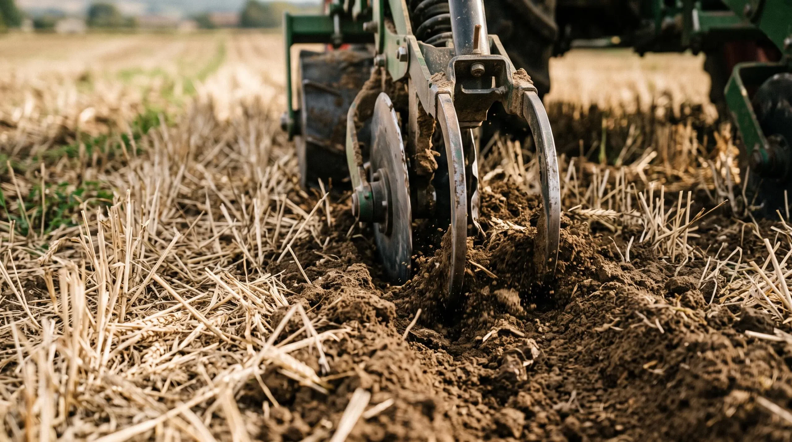 Outil de travail du sol en strip-till préservant les résidus de culture en action dans un champ