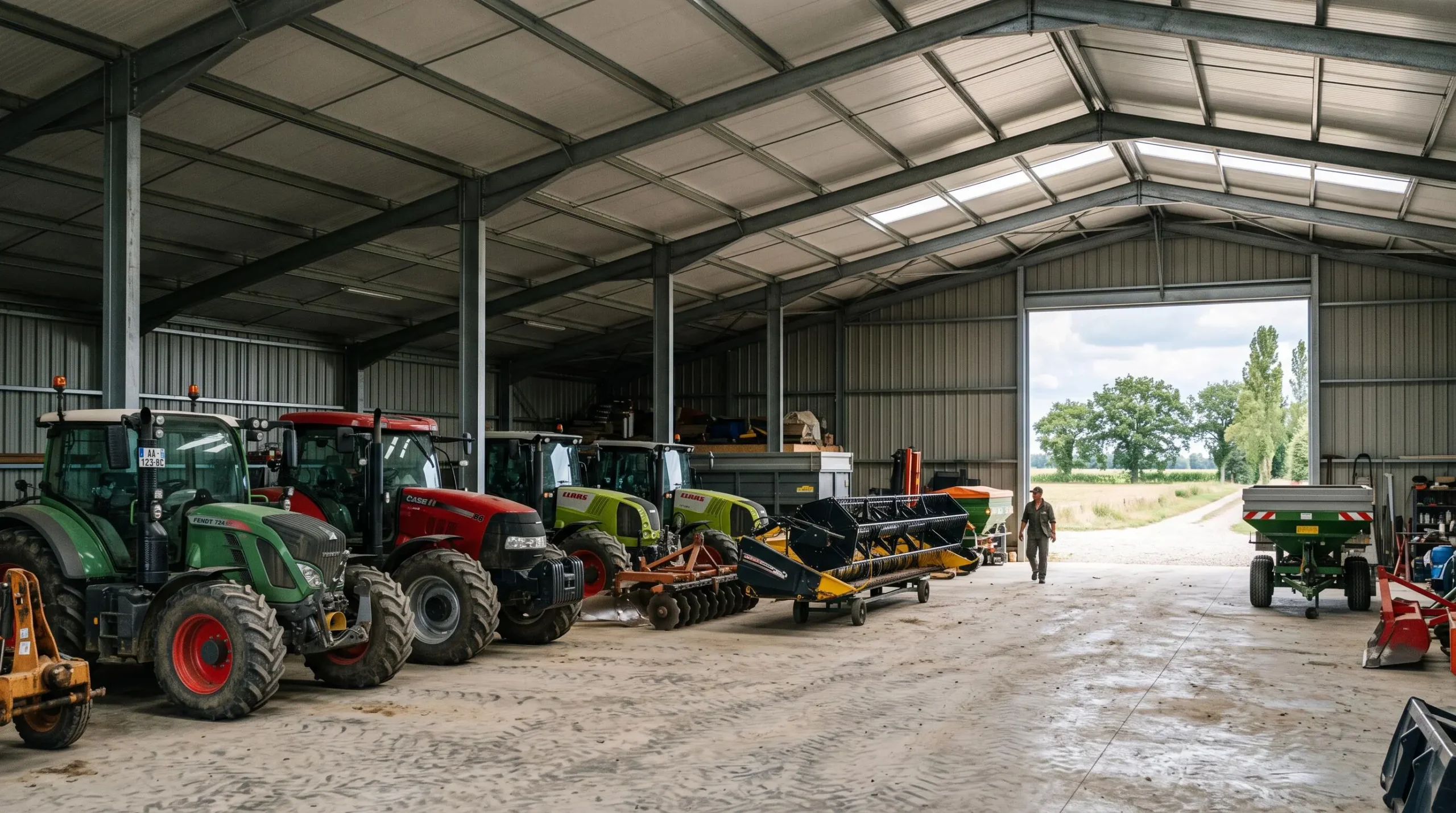 Parc d'équipements agricoles variés organisé dans un hangar de stockage