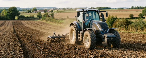 Tracteur moderne travaillant un champ céréalier lors d'une opération de préparation du sol