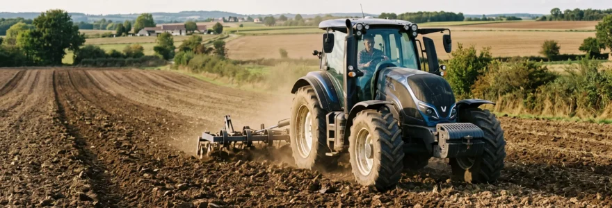 Tracteur moderne travaillant un champ céréalier lors d'une opération de préparation du sol