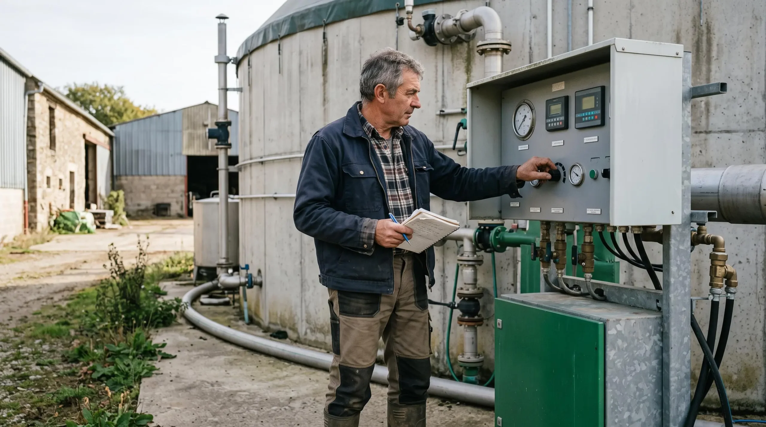 Agriculteur inspectant les équipements de contrôle d'une installation de méthanisation sur son exploitation