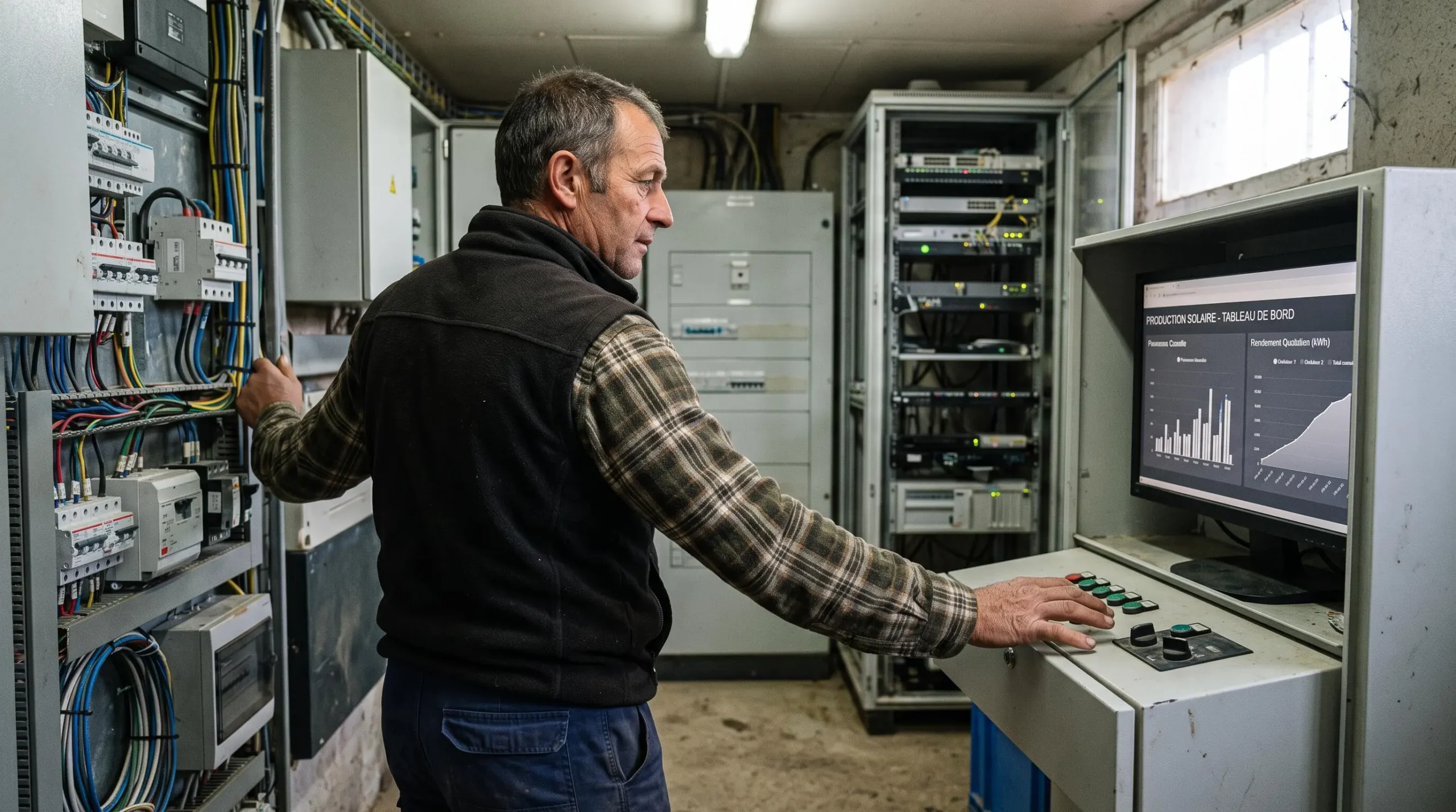 Agriculteur consultant les données de production énergétique sur un système de monitoring dans un local technique