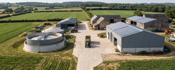 Vue d'ensemble d'une exploitation agricole française avec installations de méthanisation et panneaux solaires intégrés aux bâtiments agricoles
