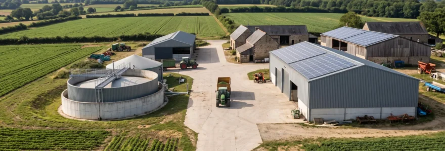 Vue d'ensemble d'une exploitation agricole française avec installations de méthanisation et panneaux solaires intégrés aux bâtiments agricoles