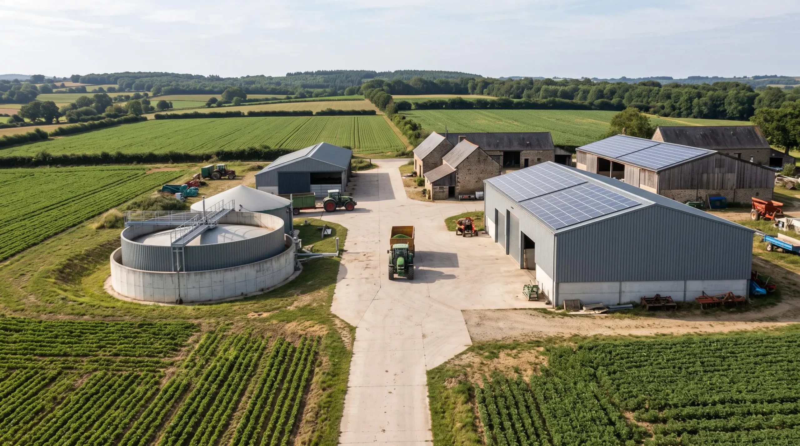 Vue d'ensemble d'une exploitation agricole française avec installations de méthanisation et panneaux solaires intégrés aux bâtiments agricoles