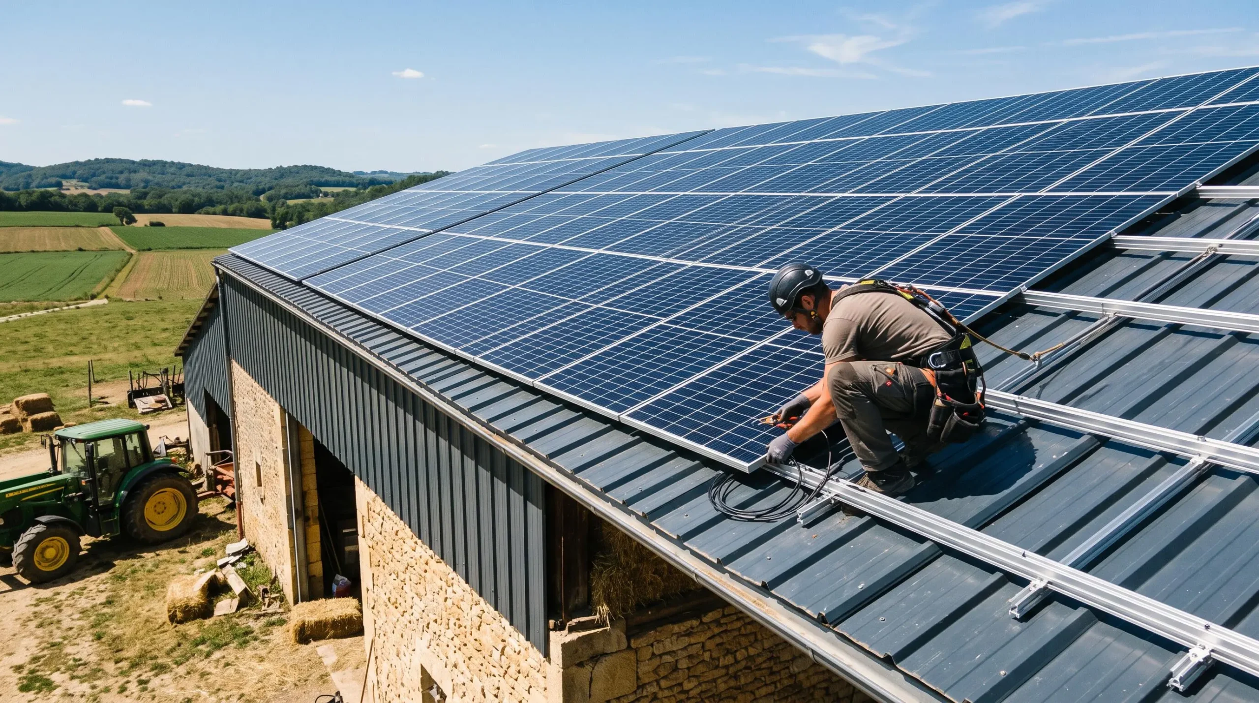 Installation de panneaux solaires photovoltaïques sur la toiture d'un bâtiment agricole en France